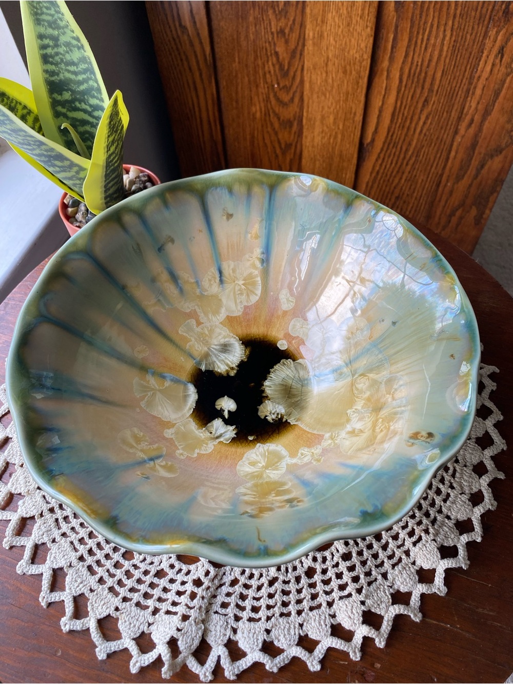 Studio Pottery Edgecomb Potters Handcrafted Ceramic Art Bowl in Green and Cream